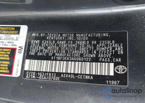 2010 Toyota Camry Le from USA, damaged, VIN 4T1BF3EK3AU060122
